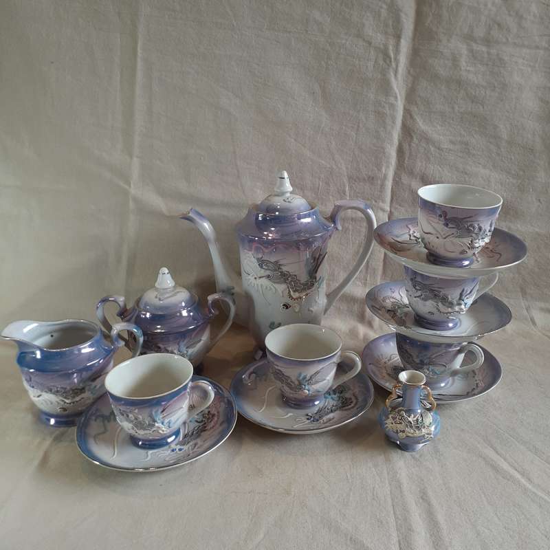 Japanese iridescent dragonware  tea coffee set - geisha lithophane inside the cups