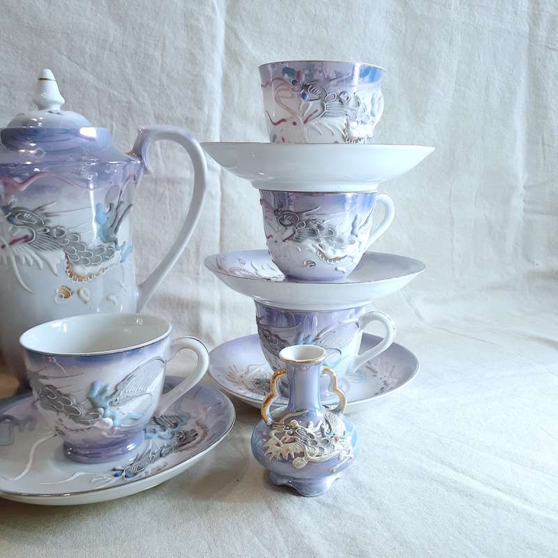 Japanese iridescent dragonware  tea coffee set - geisha lithophane inside the cups
