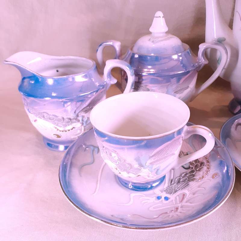 Japanese iridescent dragonware  tea coffee set - geisha lithophane inside the cups