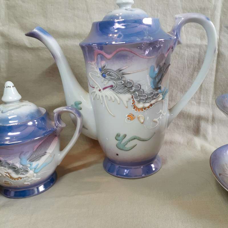 Japanese iridescent dragonware  tea coffee set - geisha lithophane inside the cups