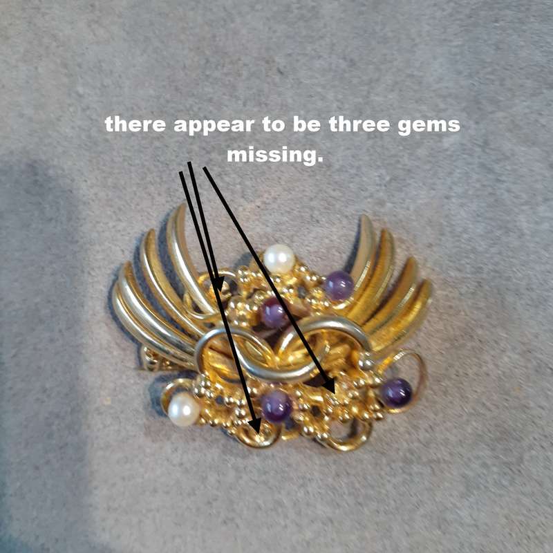 Vintage brooch Grosse amethyst and pearl on gilt metal