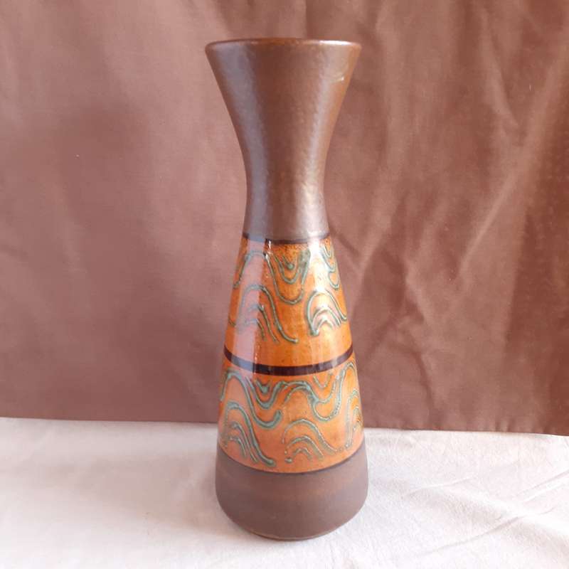 West German Pottery vase mid centuary - 29 cms  chocolate with blue swirls