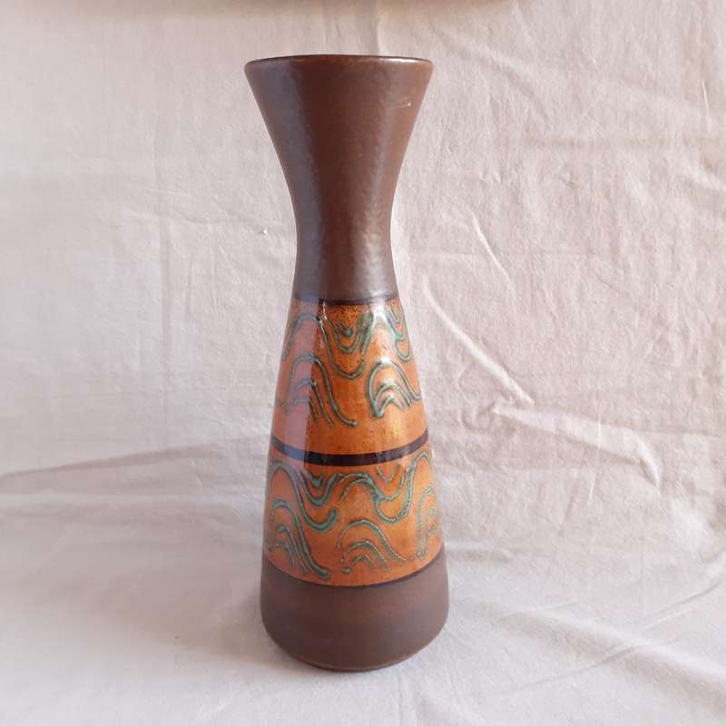West German Pottery vase mid centuary - 29 cms  chocolate with blue swirls