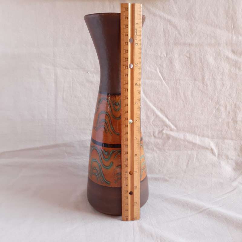 West German Pottery vase mid centuary - 29 cms  chocolate with blue swirls