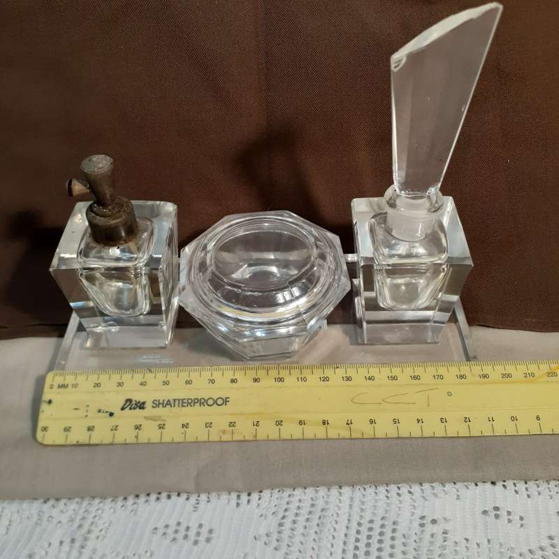 Crystal glass Deco dressing table set - some damage