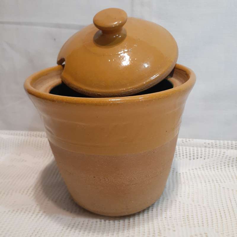 Lidded Stoneware jar with lid - salt jar, kitchen utensil - glazed green inside 17 cms with lid