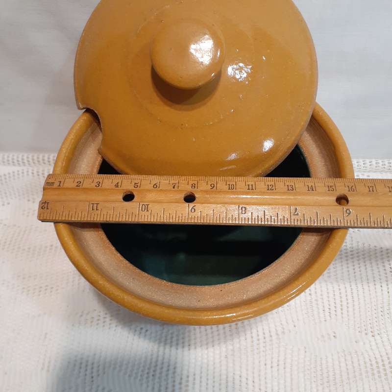 Lidded Stoneware jar with lid - salt jar, kitchen utensil - glazed green inside 17 cms with lid
