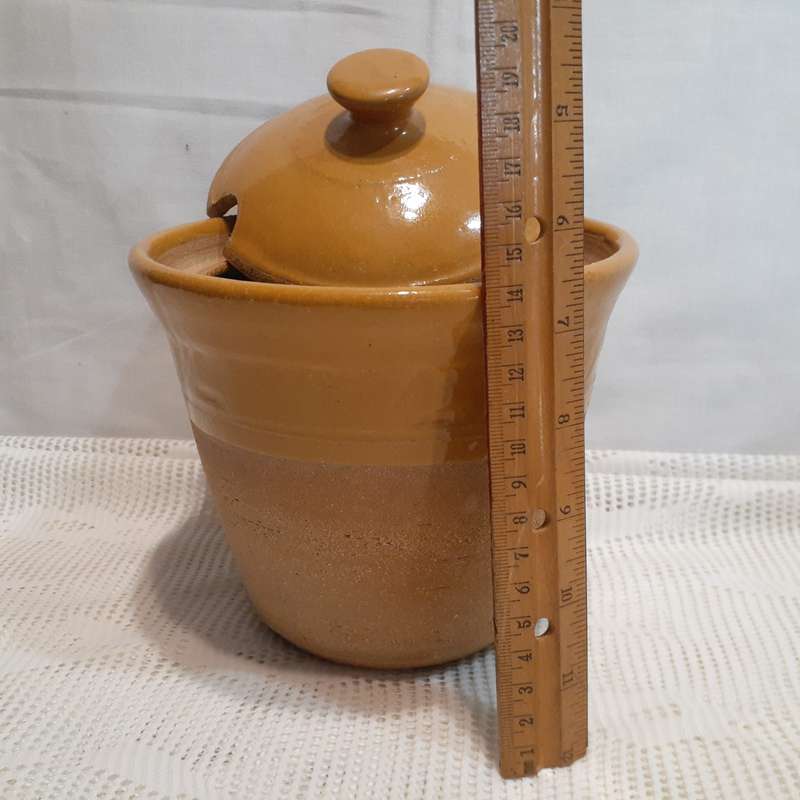 Lidded Stoneware jar with lid - salt jar, kitchen utensil - glazed green inside 17 cms with lid
