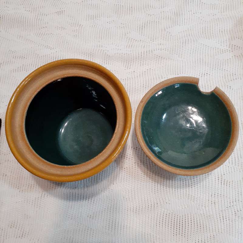 Lidded Stoneware jar with lid - salt jar, kitchen utensil - glazed green inside 17 cms with lid