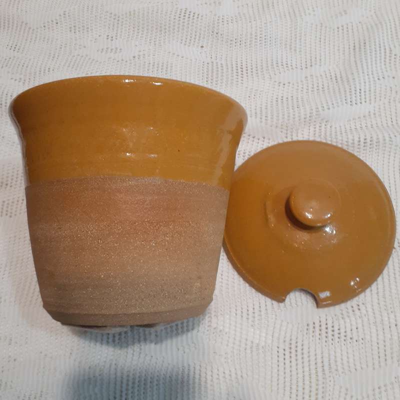 Lidded Stoneware jar with lid - salt jar, kitchen utensil - glazed green inside 17 cms with lid