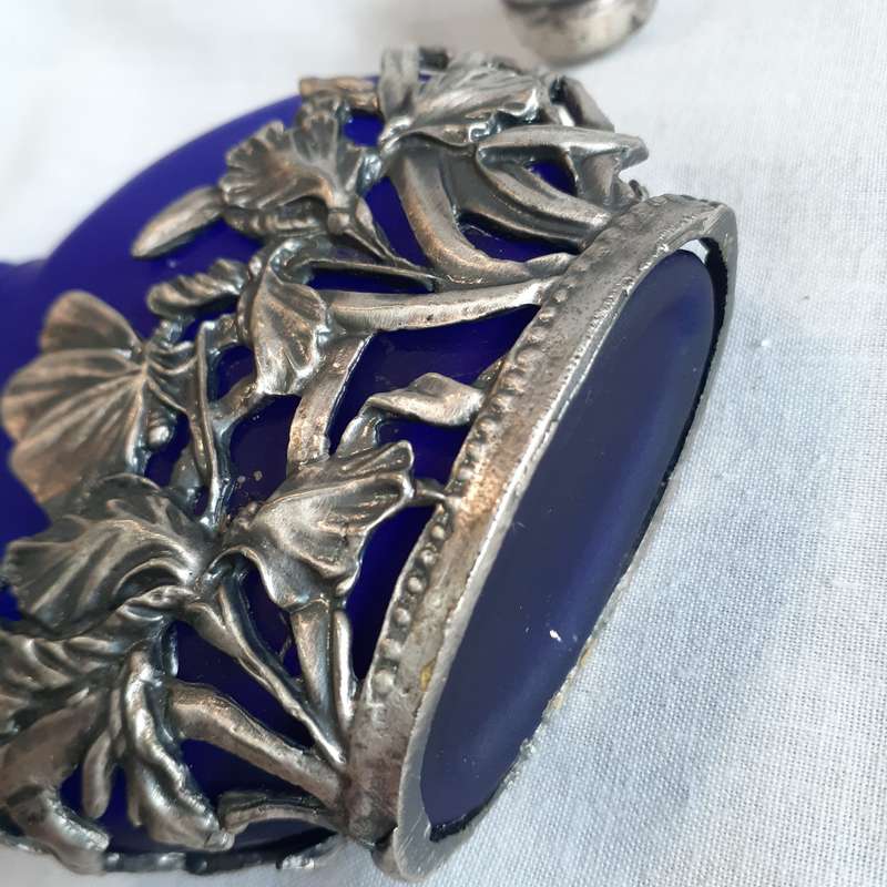 Cobalt blue perfume scent bottle Pewter casing with butterflies