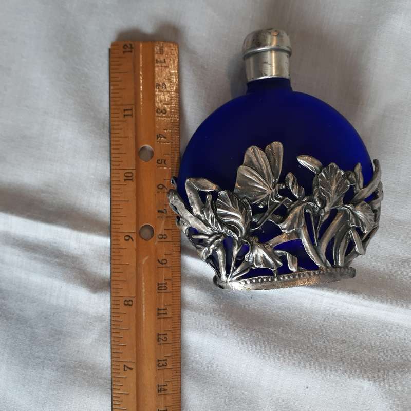 Cobalt blue perfume scent bottle Pewter casing with butterflies