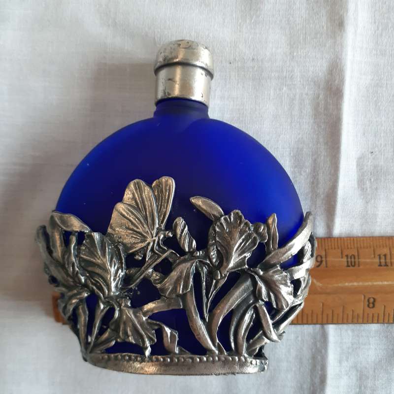 Cobalt blue perfume scent bottle Pewter casing with butterflies