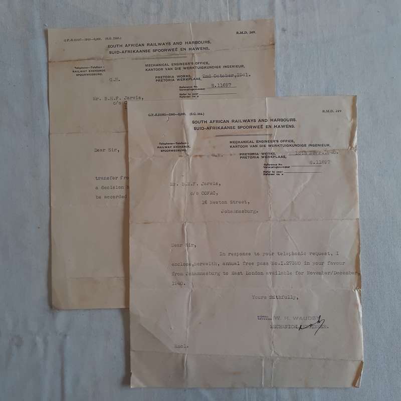 SAR and H Ephemera - 2 typed letters Nov 1940 re free train travel pass