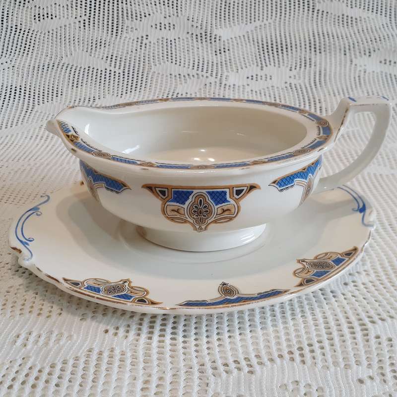 Grindley Sauce or Gravy Boat.  Blue Balmoral design on a creamy background
