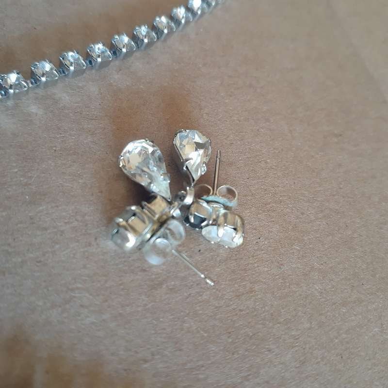 Pendant necklace and earings set - Crystal and silver metal - diamante and dark "stones"