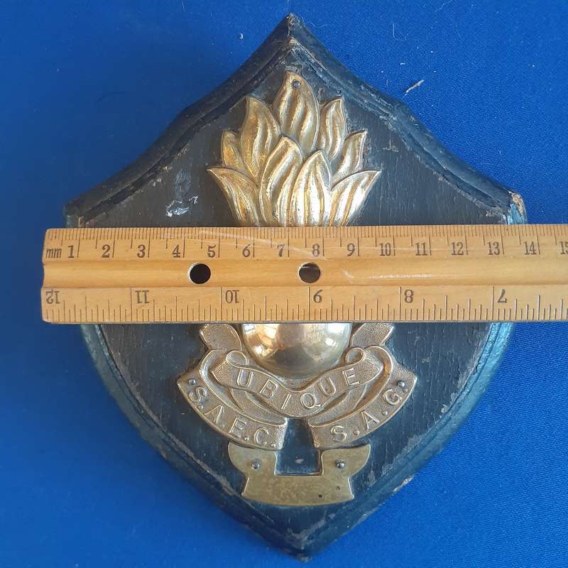SANDF Army Ubique Badge on a wooden plaque - brass and wood  18cms x 15 cms