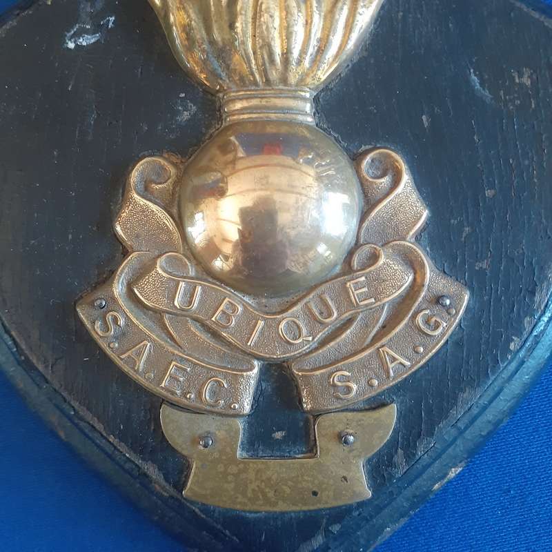 SANDF Army Ubique Badge on a wooden plaque - brass and wood  18cms x 15 cms