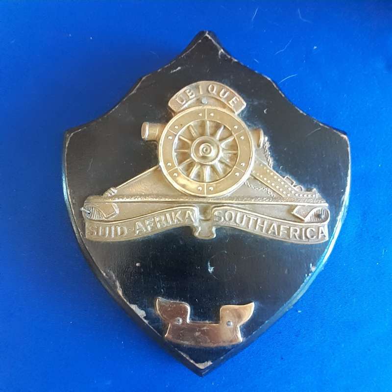 SANDF Army Field Artilliary brass Ubique Badge on wooden plaque - cannon brass  19 cms x 16 cms