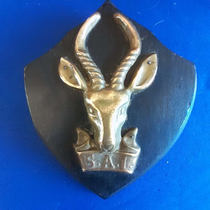 SANDF Army SA1 brass Badge on wooden plaque   18cms x 16cms