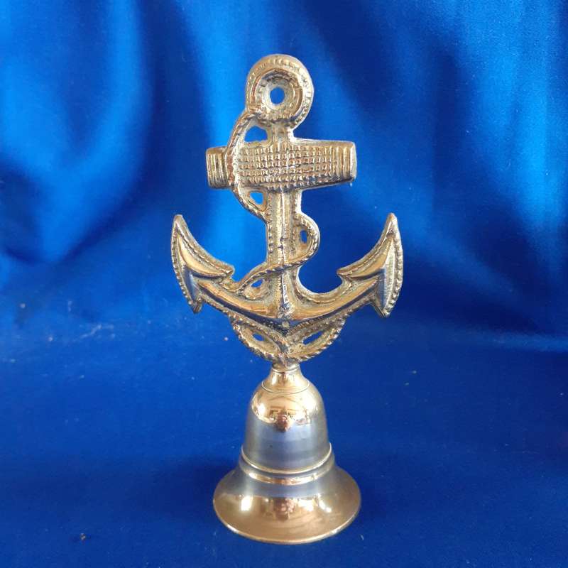 Brass bell with cast ship anchor on top - 15 cms tall  great pub decor