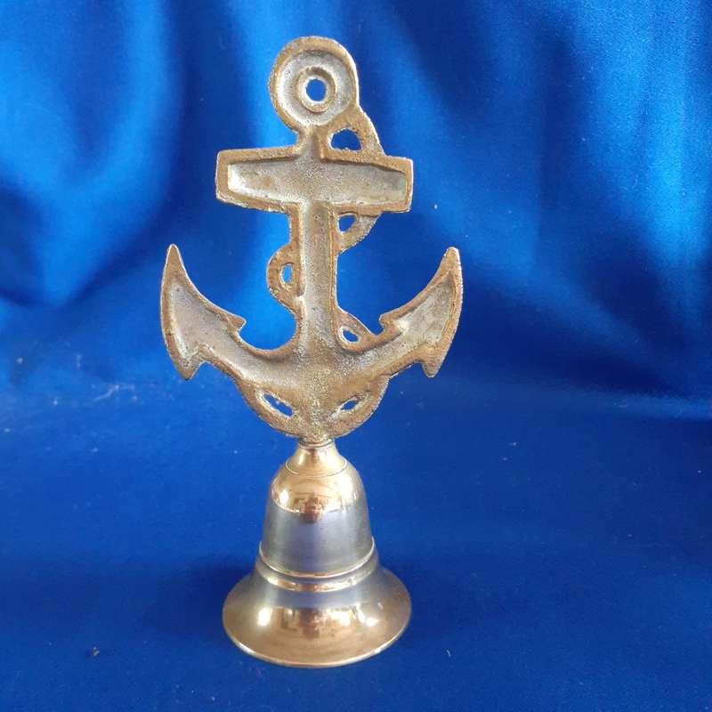 Brass bell with cast ship anchor on top - 15 cms tall  great pub decor