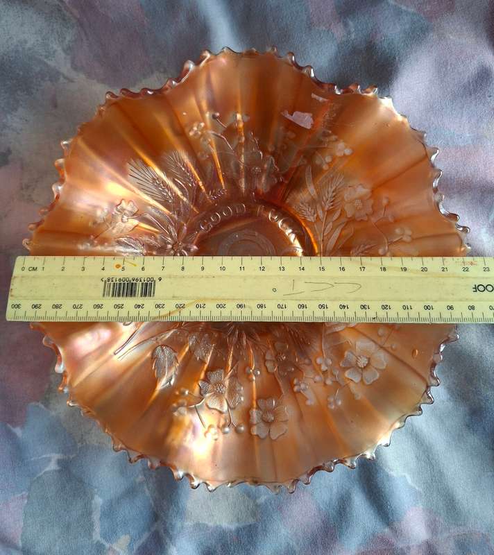 Carnival Glass bowl - Irridescent amber gold - Good Luck - horseshoe and flowers  22 dia