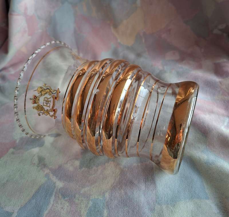 Royalty 1953 Coronation commemoration glass vase with gold bands  16 cms