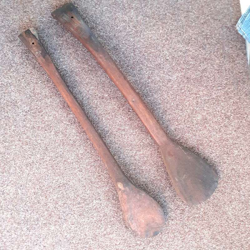 2 large traditional Zulu hardwood carved Putu pap (stiff porridge meal) spoons