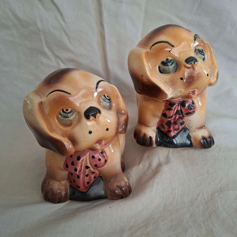 Pair Vintage "Bonzo" pups Royal Art Pottery dogs - 1950? very cute 11 cms tall