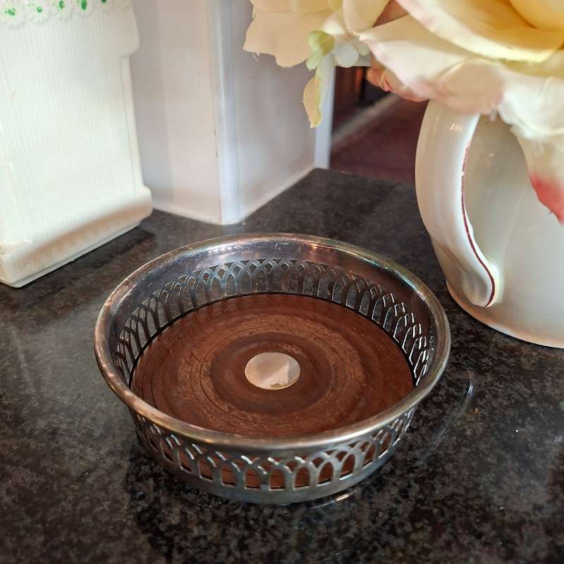 Vintage Wine bottle coaster EPNS on Brass. Oak inset 10 micron plating