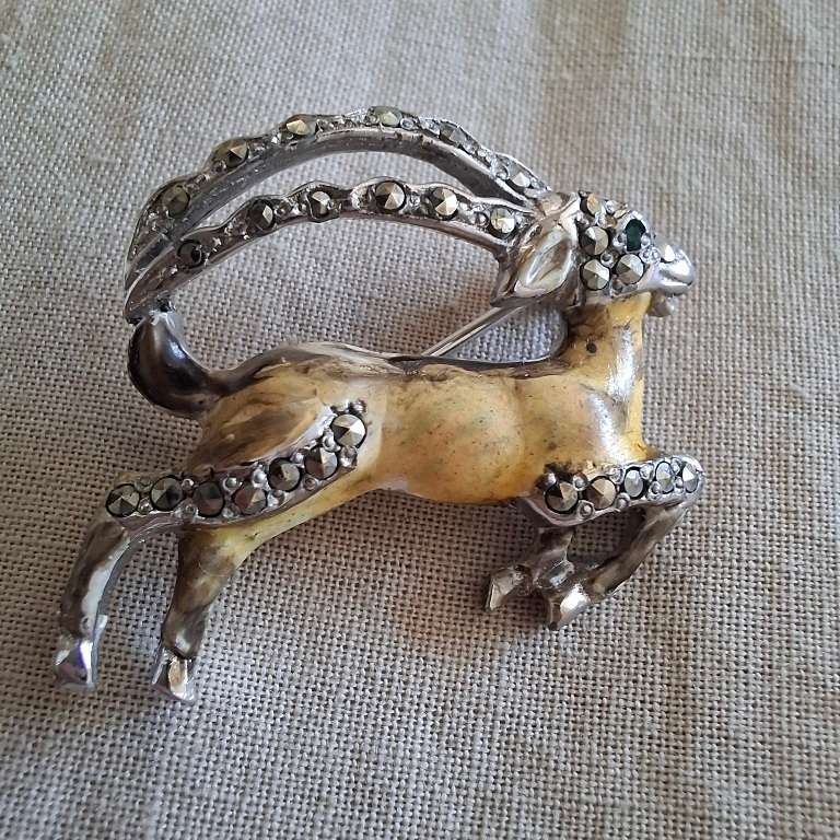 Bohemian BJL brooch -enamel goat ibex with enamel and marcasite - Pre 1950 