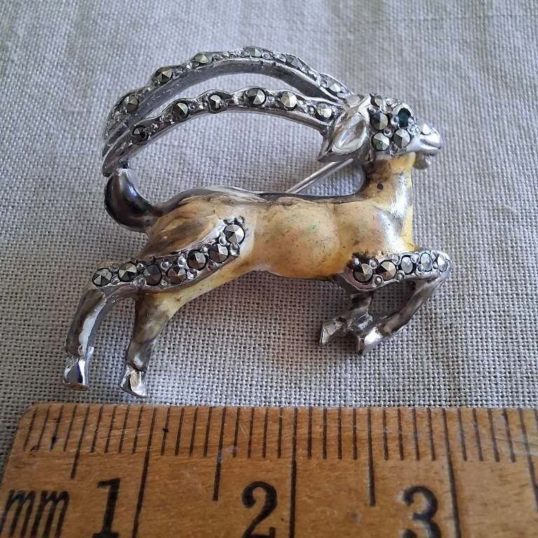 Bohemian BJL brooch -enamel goat ibex with enamel and marcasite - Pre 1950 