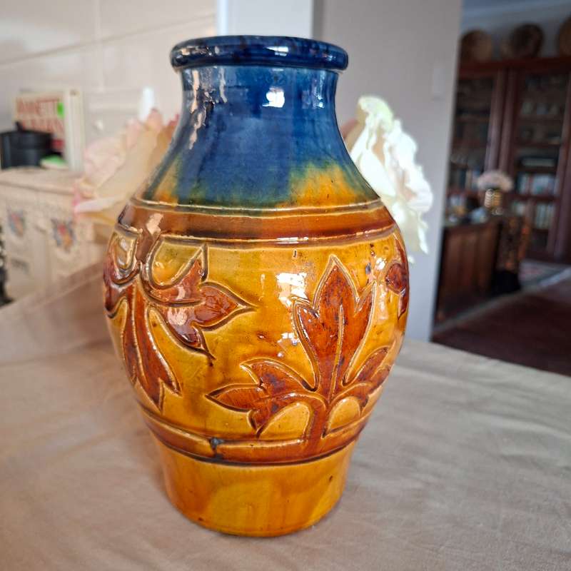 Belgian art pottery vase signed 66  made in Belgium - honey glazed with sgraffito leaf designs fa...