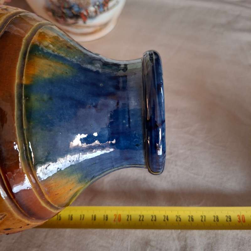 Belgian art pottery vase signed 66  made in Belgium - honey glazed with sgraffito leaf designs fa...