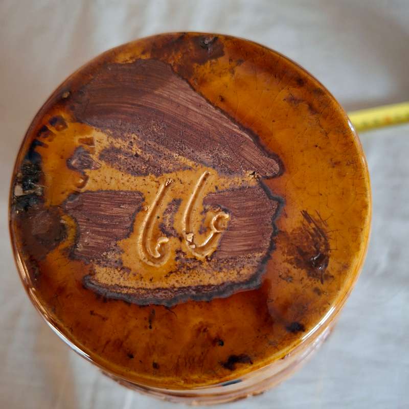 Belgian art pottery vase signed 66  made in Belgium - honey glazed with sgraffito leaf designs fa...