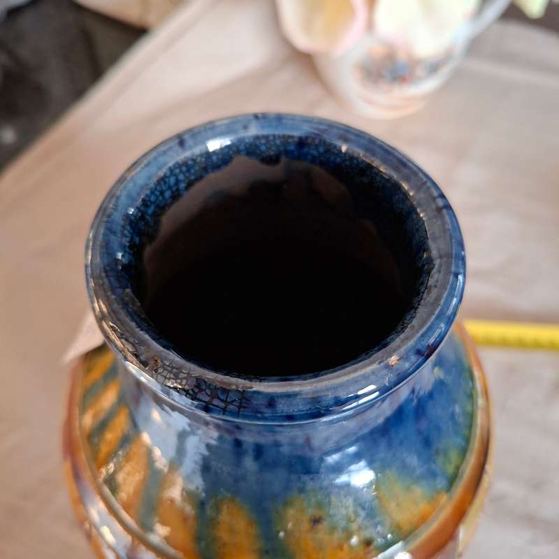 Belgian art pottery vase signed 66  made in Belgium - honey glazed with sgraffito leaf designs fa...