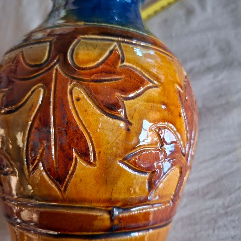 Belgian art pottery vase signed 66  made in Belgium - honey glazed with sgraffito leaf designs fa...