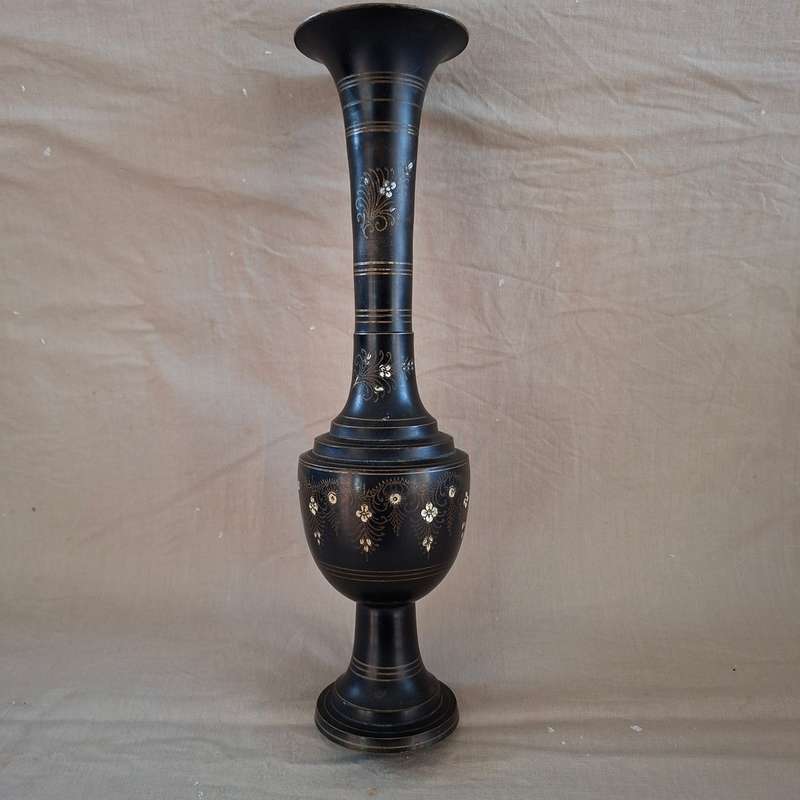 Vintage brass vase - tall black brass etched vase