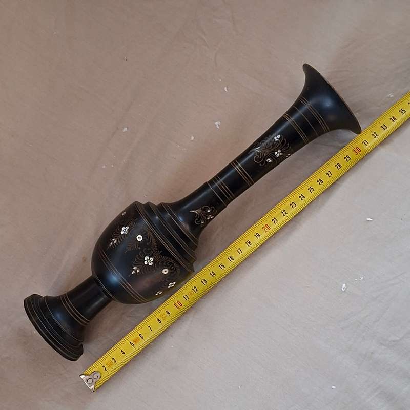 Vintage brass vase - tall black brass etched vase