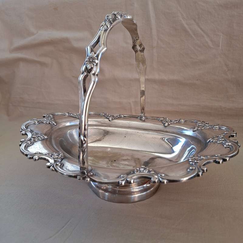 Large Silver plate fruit or wedding "basket"  Leaf and acorn scrolls around the rim.  32 cm dia