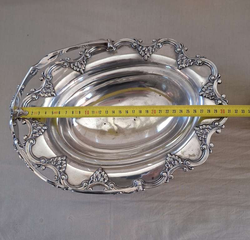 Large Silver plate fruit or wedding "basket"  Leaf and acorn scrolls around the rim.  32 cm dia