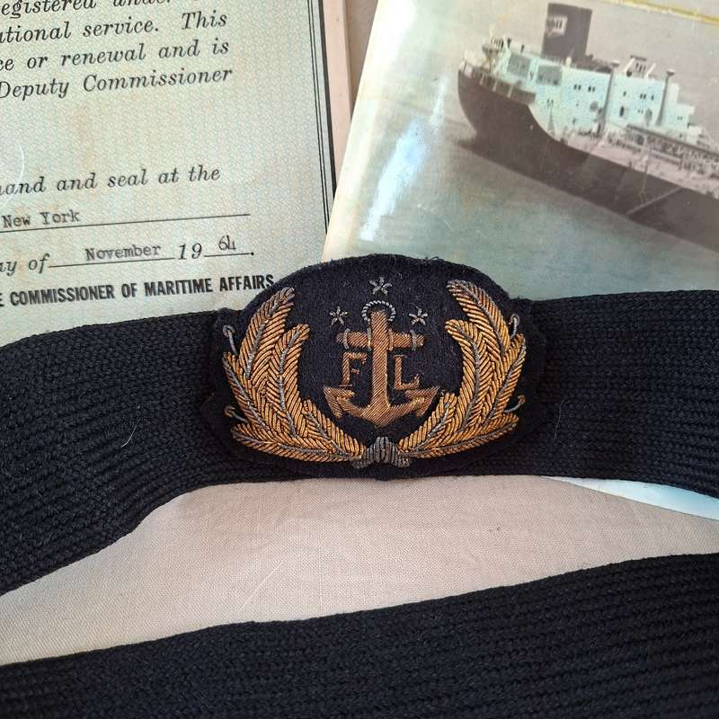 Shipping - Merchant Marine German Officer Certificate photos bands and badge - ship flag chart