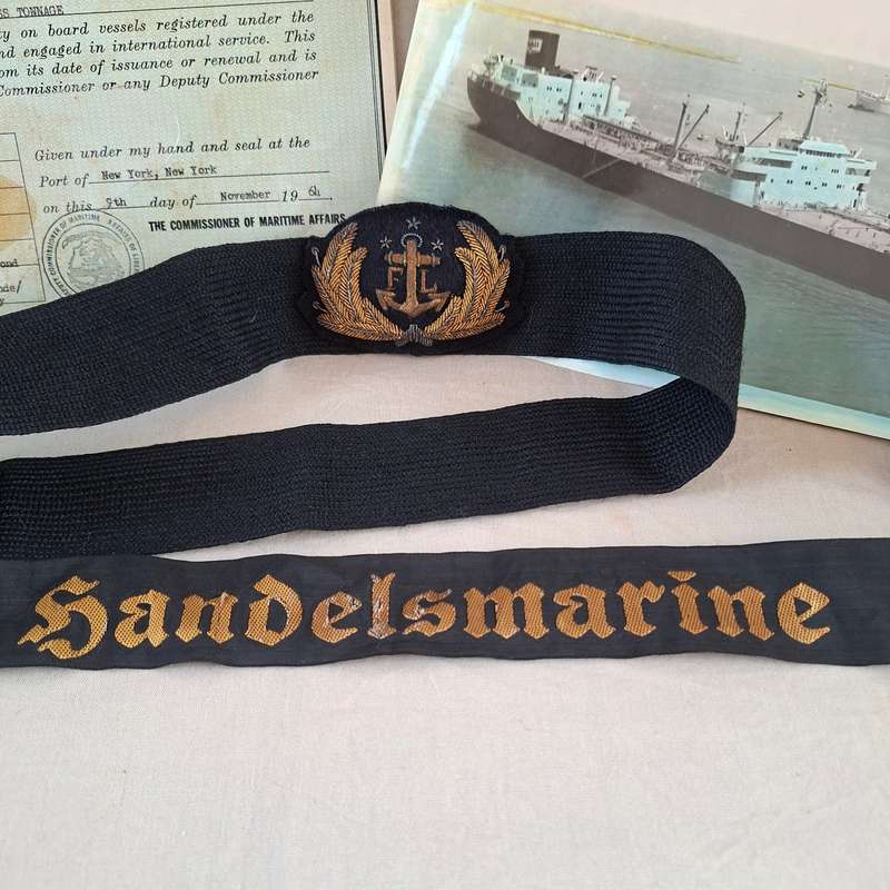 Shipping - Merchant Marine German Officer Certificate photos bands and badge - ship flag chart