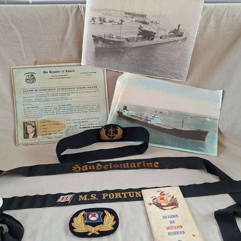 Shipping - Merchant Marine German Officer Certificate photos bands and badge - ship flag chart