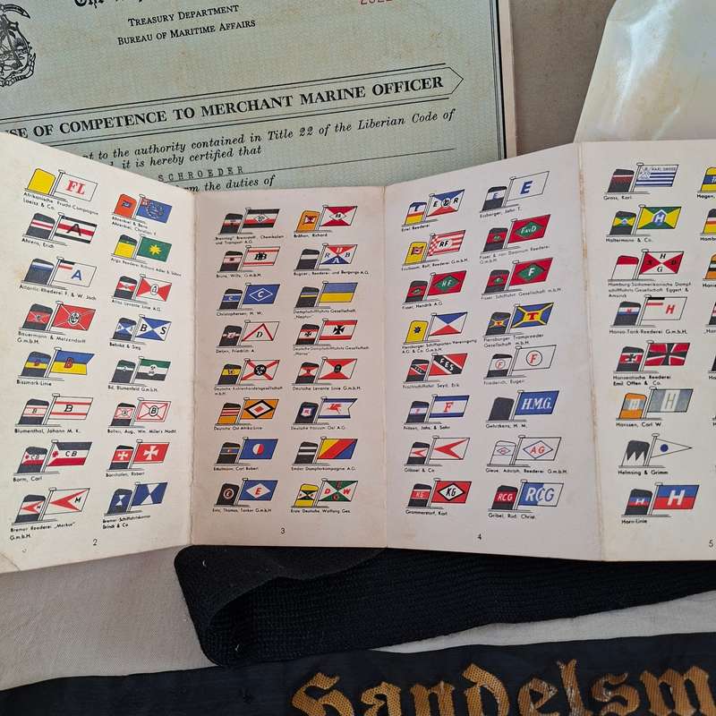 Shipping - Merchant Marine German Officer Certificate photos bands and badge - ship flag chart