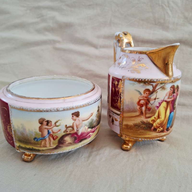 Royal Vienna Porcelain Jug and Bowl - C Herr signed on the images.  Romantic Limoges