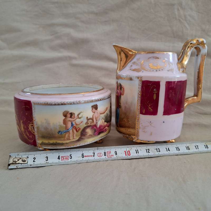 Royal Vienna Porcelain Jug and Bowl - C Herr signed on the images.  Romantic Limoges