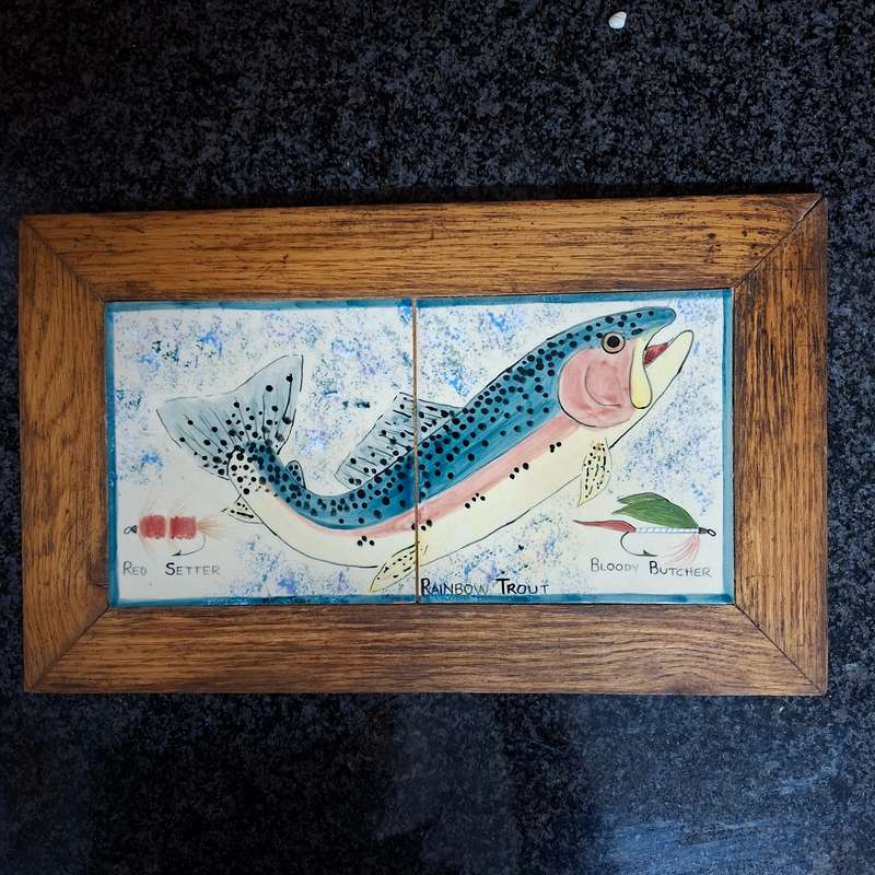 2 painted tile pictures - rainbow trout and flies set in oak frames
