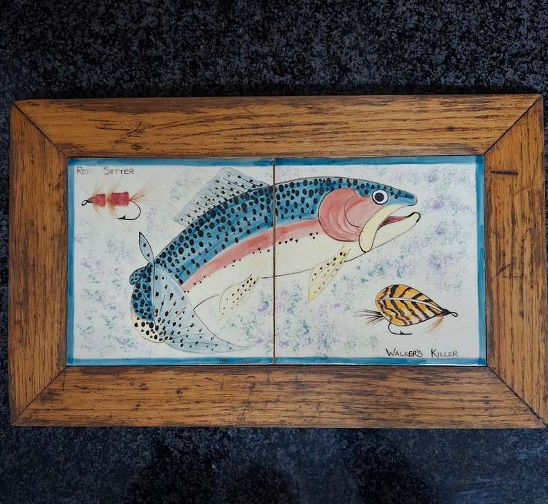 2 painted tile pictures - rainbow trout and flies set in oak frames